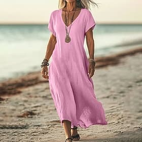 Robe midi féminine robe d'été décontractée quotidienne vacances plage ajustement régulier lin-like unie à manches courtes col en V blanc rose bleu vert été