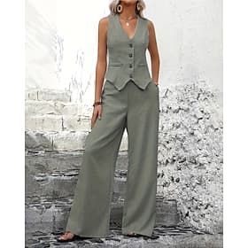 Femmes Chemisier Gilet Ensembles de Pantalons Sans manches Col en V Couleur Unie Dubbele Rij Knopen Actif Extérieur Vacances Bleu Vert Kaki Été Coupe régulière
