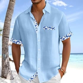 Men's Shirt Linen Shirt Summer Shirt Beach Shirt Plaid Vacation Holiday White Pink Navy Blue Light Blue Short Sleeve Collar Summer Clothing Apparel