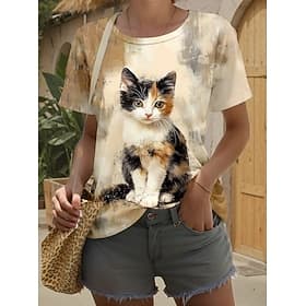 Women's T Shirt Print Graphic Animal Cat Stylish Classic Modern Short Sleeve Crew Neck Round Neck Regular Tops Daily Going out Weekend Light Brown Summer Sprin