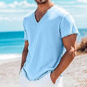 Men's Tee Top Linen T-Shirt Short Sleeves V Neck Summer Plain Fashion Designer Basic Soft Beach Vacation Casual Daily Light Blue Black White Top Tee for Men