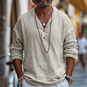 Homme Chemise Chemise en lin Chemise popover Chemise d'été Chemise de Plage Couleur Unie Vacances Rue Noir Bleu Kaki manche longue Col Printemps Été Vêtement