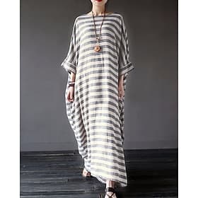 Damen Midikleid Kunstbaumwollleinen Kaftan Kleid Klassisch Outdoor Urlaub Ferien Normale Passform Gestreift Langarm Rundhalsausschnitt Schwarz Grau Sommer