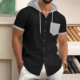 Men's Waffle T-shirt Jacket Tee Top Short Sleeve Hooded Summer Color Block Fashion Designer Casual Pocket Button Front Casual Daily Outdoor Light Grey Top Tee