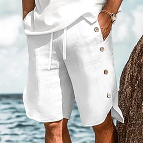 Men's Shorts Linen Shorts Summer Shorts Beach Shorts Buttons Drawstring Elastic Waist Plain Comfort Breathable Knee Length Outdoor Daily Beach Vacation Fashion