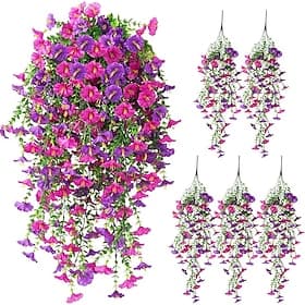 Lot de 5 fleurs artificielles suspendues pour l'extérieur, pétunias artificiels résistants aux UV, vignes réalistes en soie, eucalyptus pour jardinière intérie