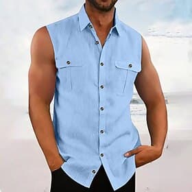Men's Shirt Summer Shirt Beach Shirt Button Up Shirt Sleeveless Shirt Plain Vacation Hawaiian Black Sky Blue Purple Green Sleeveless Turndown Summer Spring Clo