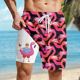 Men's Flamingo Funny Lined Shorts 2 in 1 Board Shorts Swim Shorts Mid Waist Hawaiian Vacation Holiday Beach Wear Side Pockets With Compression Liner Elastic Dr