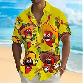 Men's Cactus Funny Pepper Shirt Summer Hawaiian Shirt Button Up Shirt Short Sleeve Hawaiian Vacation Holiday Beach Wear Summer Spring Turndown 3D Print Collare