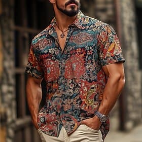 Men's Indian Boho Shirt Summer Hawaiian Shirt Button Up Shirt Short Sleeve Hawaiian Vacation Holiday Beach Wear Summer Spring Turndown 3D Print Collared Shirts