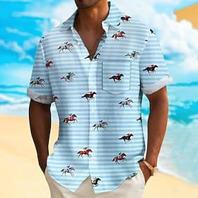 Kentucky Derby Men's Striped Horse Racing Shirt Casual Shirt Button Up Shirt Short Sleeve Fashion Casual Vacation Holiday Streetwear Summer Spring Turndown 3D