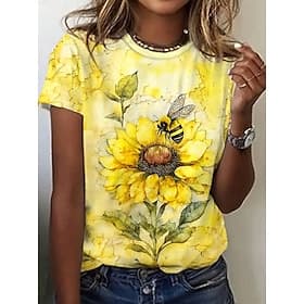 Damen T Shirt Druck Blumen Grafik Sonnenblume Vintage Stilvoll Klassisch Kurzarm Rundhalsausschnitt Rundhals Normale Oberteile Täglich Gelb Sommer Frühling