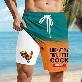 Men's Rooster Letter Printed Funny Lined Shorts 2 in 1 Board Shorts Swim Shorts Mid Waist Hawaiian Vacation Beach Wear Side Pockets With Compression Liner Elas