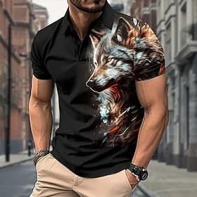 Herren Tiermotiv Wolf Polo Kurzarm Polo-Shirts Hemden mit Kragen Lässig Outdoor Alltagskleidung 3D-Druck Sommer Schwarz