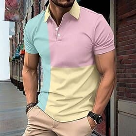 Men's Color Block Polo Short Sleeve Polo Shirts Collared Shirts Casual School Outdoor Daily Wear 3D Print Summer Pink