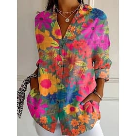 Damen Hemd Tasche Knöpfe Druck Blumen Gestreift Stilvoll Modern Langarm Hemdkragen Normale Oberteile Täglich Ferien Blau Purpur Fuchsie Orange Sommer