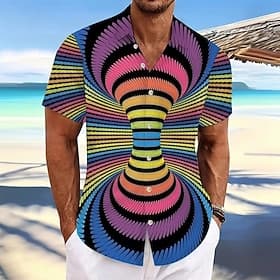 Men's Geometric Optical Illusion Spiral Stripe Shirt Summer Shirt Button Up Shirt Short Sleeve Fashion Casual Outdoor Vacation Dailywear Summer Spring Turndown