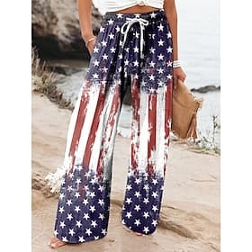 Uavhengighetsdagen patriotiske kvinnes bredde bein chinos baggy bukser strand shorts ferie vintage mot full lengde høy midje bukser grafisk flagg flaggtrykk mi