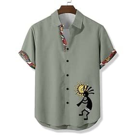 Men's Sun Ethnic Kokopelli Shirt Summer Shirt Button Up Shirt Short Sleeve Vintage Retro Vacation Dailywear Beach Wear Summer Spring Turndown 3D Print Linen Li