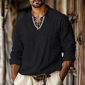 Men's Shirt Linen Shirt Viking Style Summer Shirt Beach Wear Pirate Shirt Solid Color Vacation Casual Black Navy Blue Sky Blue Green Long Sleeve Collarless Sum