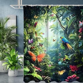 Shower Curtain with Hooks 180cm180cm(7070) Polyester Machine Washable Waterproof Tropical Rainforest Flowers Pattern