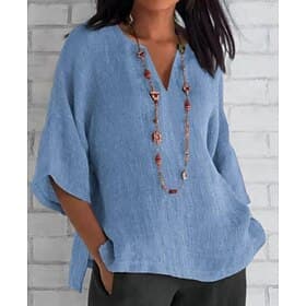 Women's Cotton Linen Shirt Solid Color Plain Daily Stylish Casual Long Sleeve Crew Neck Regular Tops Daily Holiday Going out Blue Black White Khaki Gray Summer