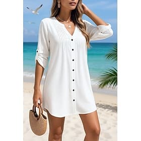 Per donna Costumi da bagno Copricostume Vestito da spiaggia Costume da bagno Bottoni Tropicale Abbigliamento da Spiaggia Semplice Spacco a V Manica Lunga Costu