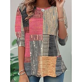 Women's T shirt Long Sleeve Crew Neck Long Sleeve Tunic Graphic Geometric Plaid Casual Round Neck Regular Tops Daily Print Pink Purple Green Spring Fall Prefal