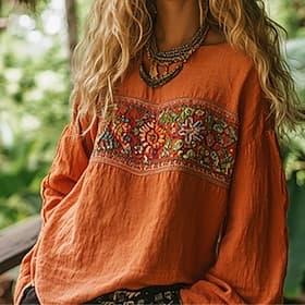 Femmes Chemises effet lin Chemise Bohème Imprimé Géométrique Uni Quotidien Élégant Basique manche longue Col ras du cou Hauts Réguliers Quotidien Travail Fête