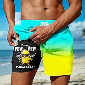 Herren Küken Lustig Farbverlauf Gefütterte Shorts 2 in 1 Badeshorts Badeshorts Mittlere Taille Hawaiianisch Urlaub Strandbekleidung Seitentaschen Mit Kompressi