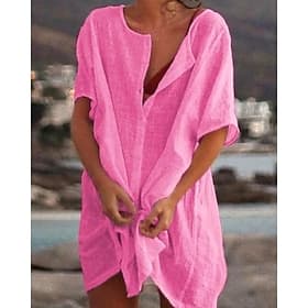 Femmes Mini Robe Robes effet lin Robe Chemise Classique Quotidien Vacances Fête Coupe régulière Uni Manche Courte Col en V Blanche Jaune Rose Claire Été