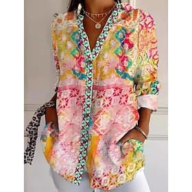 Women's Shirt Linen Like Breathable Lightweight Button Down Tunic Shirt Collar Long Sleeve Floral Graphic Geometric Casual Work Daily s Print White Pink Sky Bl