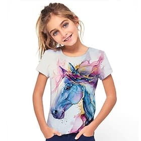Fille 3D Cheval T-shirt Manche Courte Été Printemps Mode Basique Enfants 4-12 ans Col Rond Extérieur Occasionnel Quotidien Coupe régulière
