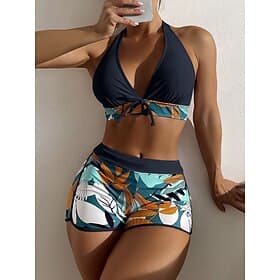 Women's Bikini 2 Piece Swimsuit Palm Shorts Backless Slim Vacation Beach Wear Floral Halter Neck Sleeveless Bathing Suits