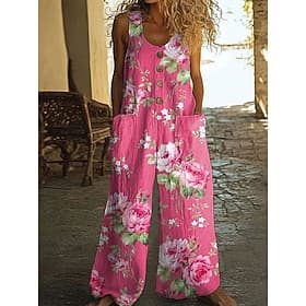 Women's Linen-feel Jumpsuit Casual Sleeveless U Neck Going out Weekend Loose Fit Pink Dusty Blue Purple Summer