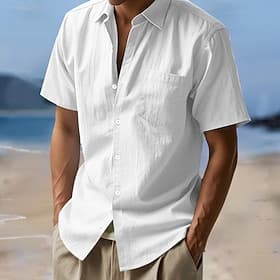 Men's Shirt Linen Shirt Summer Shirt Beach Wear Button Up Shirt Solid Color Daily Streetwear Black White Navy Blue Sky Blue Short Sleeve Turndown Spring Summe