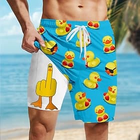 Men's Little Yellow Duck Funny Lined Shorts 2 in 1 Board Shorts Swim Shorts Mid Waist Hawaiian Vacation Beach Wear Side Pockets With Compression Liner Elastic