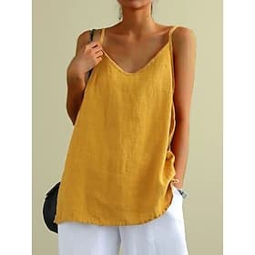 Women's Petite Cotton Linen Shirts Camisole Tank Top Linen Vest Backless Solid Color Casual Beach Sleeveless V Neck Regular Tops Daily Beach Wear Vacation Wear