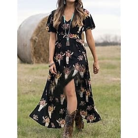 Damen Boho Kleid Western Kleid Vintage Maxi Kleid A-Linie Kleid Sommer Kleid Urlaub Lässig Boho Täglich Regulär Fit Grafik Kurzarm V-Ausschnitt Schwarz Sommer