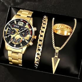 4-Piece Luxury and Fashionable Men's Watch and Arrow Necklace Bracelet and Ring Perfect for Business and Leisure
