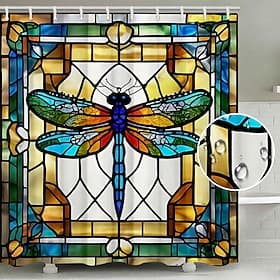 Shower Curtain with Hooks 180cm180cm(7070) Polyester Washable Waterproof Stained Glass Dragonfly Pattern Bathroom Decor