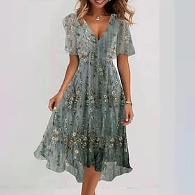 Women's Midi Dress Chiffon Dress Cocktail Dress Floral Dress Fashion Modern Vacation Holiday Tea Party Regular Fit Flower Short Sleeve V Neck Blue Navy Blue Ro