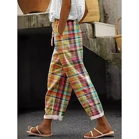 Women's Cotton Linen Pants Baggy Pants Linen Like Beach Shorts Vacation Vintage Fashion Full Length High Waist Graphic Geometric Plaid Printing Breathable Soft
