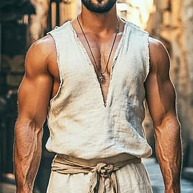 Homme Chemise en lin Débardeur Gilet Sous-Vêtements Sans manches Col en V Été Uni Mode Bohème Classique Rue Occasionnel Sports Beige T-shirt haut de gamme pour