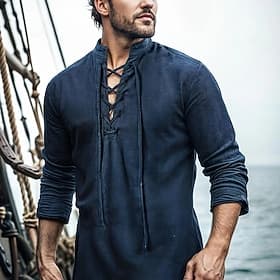 Men's Shirt Viking Style Summer Shirt Beach Wear Pirate Shirt Solid Color Vacation Street Black Navy Blue Khaki Long Sleeve Stand Collar Summer Spring Clothing