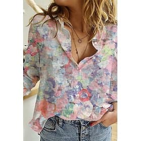 Women's Shirt Linen-feel Shirts Button Up Blouse Print Flower Modern Casual Long Sleeve Shirt Collar Regular Tops Daily Going out Light Green Pink Purple Green