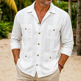 Homme Chemise Chemise en lin Chemise Guayabera Chemise d'été Chemise de Plage Chemise Boutonnée Uni Vacances Occasionnel Blanche manche longue Col Été Printemp