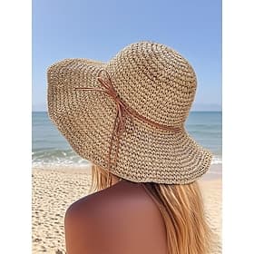 Chapeau de soleil en paille à large bord pour femme avec nœud papillon, chapeau de plage pliable pour les voyages d'été et les vacances en plein air