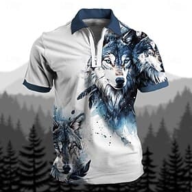 Men's Wolf Zip Polo Shirts Golf Shirt Short Sleeve Polo Shirts Collared Shirts Casual Funny Streetwear Vacation Wear Party Outfits 3D Print Quarter Zip Polo Su