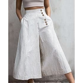 Women's Culottes Wide Leg Slacks Pants Trousers Fashion Streetwear Full Length Natural Striped Pocket Elastic Waist Comfy Outdoor Comfortable Street Going out